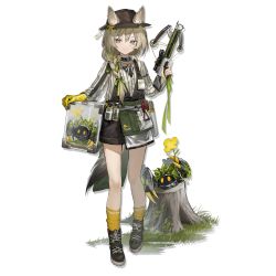 Rule 34 | 1girl, animal ears, arknights, artist request, bare legs, beanstalk (arknights), black choker, black footwear, black hat, bow (weapon), choker, crossbow, ears through headwear, fedora, flower, full body, gloves, grass, grey hair, grey shirt, hand up, hat, holding, holding bow (weapon), holding crossbow, holding weapon, looking at viewer, official art, shirt, shoes, short hair, single glove, smile, socks, solo, standing, transparent background, tree stump, weapon, yellow flower, yellow gloves, yellow socks