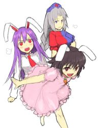 Rule 34 | 3girls, angry, animal ears, barefoot, brown hair, rabbit ears, carrot, dress, female focus, grey hair, inaba tewi, jewelry, long hair, multiple girls, open mouth, outstretched arms, pendant, pink dress, purple hair, red eyes, reisen udongein inaba, short hair, sigh, sketch, smile, spread arms, touhou, yagokoro eirin, yu 65026