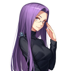 Rule 34 | 1girl, adjusting eyewear, black sweater, breasts, fate/hollow ataraxia, fate/stay night, fate (series), glasses, hair intakes, highres, large breasts, long hair, long sleeves, medusa (fate), medusa (rider) (fate), official alternate costume, porikeracchou, purple eyes, purple hair, smile, solo, sweater, turtleneck, turtleneck sweater, upper body, very long hair