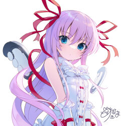 Rule 34 | 1girl, al azif, bare shoulders, blue eyes, demonbane, detached wings, dress, expressionless, flat chest, gloves, hair between eyes, hair ribbon, long hair, looking at viewer, making-of available, mechanical wings, nekokan masshigura, purple hair, red ribbon, ribbon, solo, upper body, white dress, white gloves, wings