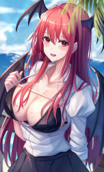 Rule 34 | 1girl, 7saki, absurdres, bad id, bad pixiv id, bat wings, beach, blurry, blurry foreground, blush, breasts, cleavage, day, depth of field, head wings, highres, koakuma, large breasts, long hair, looking at viewer, ocean, open mouth, outdoors, palm leaf, red eyes, red hair, shirt, solo, touhou, wings