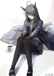 Rule 34 | 1girl, ahoge, animal ears, black coat, black gloves, black hair, black pantyhose, closed mouth, coat, collared shirt, cup, dated, gloves, hair over one eye, hands on own knees, highres, horse ears, horse girl, horse tail, long sleeves, looking at viewer, manhattan cafe (umamusume), mug, necktie, pantyhose, pazuu, shirt, shoes, signature, simple background, sitting, solo, tail, umamusume, yellow eyes, yellow necktie