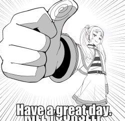 Rule 34 | 1girl, capelet, commentary, drop earrings, earrings, elf, emphasis lines, english commentary, english text, frieren, greyscale, highres, image macro (meme), impact (font), jewelry, meme, monochrome, pantyhose, pointy ears, scene reference, shirt, smile, smug, solo, sousou no frieren, thick eyebrows, thumbs up, twintails, wanderjegson