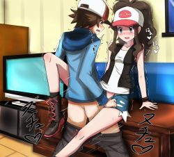 Rule 34 | !, 1boy, 1girl, arm support, ass, bad anatomy, bare shoulders, baseball cap, black footwear, black legwear, black pants, black vest, blue eyes, blue jacket, blue shorts, blush, boots, breasts, breath, brown eyes, brown hair, clothed sex, clothes pull, collarbone, creatures (company), denim, denim shorts, eye contact, franberyll, game freak, happy sex, hat, heart, heavy breathing, hetero, hilbert (pokemon), hilda (pokemon), hood, hoodie, indoors, jacket, japanese text, knee up, long hair, long sleeves, looking at another, matching hair/eyes, motion lines, nintendo, nose blush, open fly, open mouth, pants, pants pull, poke ball symbol, poke ball theme, pokemon, pokemon bw, ponytail, red headwear, sex, shadow, shirt, shoes, short hair, short shorts, shorts, sideways mouth, sitting, sleeveless, sleeveless shirt, small breasts, smile, socks, spoken heart, standing, sweat, television, translation request, trembling, unbuttoned, unzipped, vest, watch, white shirt, wristwatch