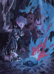 Rule 34 | 1boy, animal, barbed wire, bat (animal), blue eyes, blue fire, box, building, cage, candle, coat, cobblestone, dog, eating, fire, food, grey hair, holding, holding food, kou.k, leaning forward, magic, original, pants, short hair, skull, tailcoat, torn clothes, torn pants, tree, wafer, wand