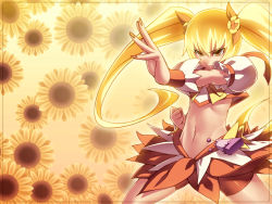 Rule 34 | 10s, 1girl, blonde hair, bow, cure sunshine, fighting stance, floral background, flower, framed, hair ribbon, heartcatch precure!, highres, long hair, magical girl, midriff, myoudouin itsuki, navel, orange skirt, precure, ribbon, serious, skirt, solo, sunflower, tasaka shinnosuke, twintails, very long hair, wrist cuffs, yellow background, yellow bow, yellow eyes, yellow theme