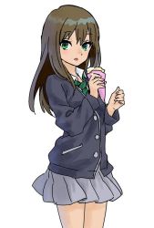 Rule 34 | 10s, 1girl, ama-tou, brown hair, buttons, cardigan, collar, collared shirt, cowboy shot, crepe, eyelashes, fingernails, food, from side, green eyes, holding, holding food, idolmaster, idolmaster cinderella girls, long hair, long sleeves, looking at viewer, necktie, open mouth, pocket, school uniform, shibuya rin, shirt, simple background, skirt, solo, standing, white background