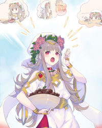 Rule 34 | ..., 1girl, bare shoulders, blush, bow, candy, chibi, chocolate, chocolate heart, choker, closed mouth, commentary, cooking, dress, english commentary, fire emblem, fire emblem heroes, flower, food, gold trim, grey hair, hair flower, hair ornament, hat, heart, highres, holding, holding food, jewelry, leaf hair ornament, long hair, nintendo, official alternate costume, open mouth, pink flower, pink rose, red choker, red eyes, ritence, rose, solo, twitter username, valentine, veronica (fire emblem), white bow, white dress, white flower, white hat, wide sleeves