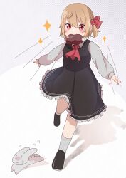 Rule 34 | 1girl, animal, antennae, ascot, black footwear, black skirt, black vest, blonde hair, collared shirt, eating, embodiment of scarlet devil, fingernails, food, food in mouth, food on face, frilled skirt, frills, hair ribbon, highres, holding, holding food, long sleeves, mary janes, messy, mouth hold, necktie, outstretched arms, pet, pocky, rabbit, red ascot, red eyes, red nails, red necktie, red ribbon, ribbon, rumia, running, sharp fingernails, sharp nails, shirt, shoes, short hair, skirt, skirt set, socks, spread arms, touhou, vest, white shirt, yuzupon (yuzuponpon)