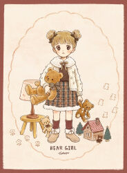 Rule 34 | 1girl, :&lt;, artist name, black eyes, border, bow, bright pupils, brown border, brown cardigan, brown eyes, brown footwear, brown ribbon, brown shirt, brown socks, cardigan, child, chimney, christmas tree, closed mouth, english text, full body, fur-trimmed footwear, fur-trimmed skirt, fur collar, fur trim, gingerbread house, highres, holding, holding stuffed toy, lamp, lampshade, light blush, light brown background, light brown hair, lineart, long sleeves, looking at viewer, multicolored clothes, multicolored skirt, original, plaid, plaid ribbon, plaid skirt, plant, pleated skirt, ribbon, shirt, short hair, size difference, skirt, socks, solo, standing, star (symbol), stool, stuffed animal, stuffed toy, teddy bear, tokoyu, yellow bow, yellow ribbon