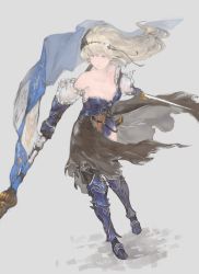 Rule 34 | 10s, 1girl, absurdres, ahoge, armor, armored dress, bare shoulders, blonde hair, blue eyes, breasts, cleavage, collarbone, detached sleeves, dress, flag, flower, gauntlets, granblue fantasy, greaves, hair between eyes, hair flower, hair ornament, hairband, highres, holding, jeanne d&#039;arc (granblue fantasy), lily (flower), long hair, n9+, short dress, silver background, simple background, solo, standing, torn clothes