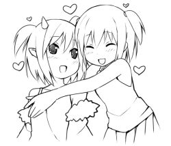 Rule 34 | 2girls, bare shoulders, closed eyes, greyscale, horns, hug, lineart, monochrome, multiple girls, pointy ears, short hair, short twintails, sky-freedom, twintails
