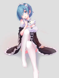 Rule 34 | 10s, 1girl, ;d, absurdres, alternate legwear, arm at side, bare shoulders, black dress, black ribbon, blue eyes, blue hair, blush, bow, breasts, cleavage, detached sleeves, dress, finger to cheek, grey background, hair ornament, hair over one eye, hair ribbon, hairband, hairclip, highres, index finger raised, knee up, komi (komiking), large breasts, long sleeves, looking at viewer, maid, matching hair/eyes, md5 mismatch, no shoes, one eye closed, open mouth, purple ribbon, re:zero kara hajimeru isekai seikatsu, rem (re:zero), resolution mismatch, ribbon, ribbon-trimmed legwear, ribbon trim, short hair, simple background, sitting, sleeveless, sleeveless dress, smile, solo, source smaller, thighhighs, white bow, white thighhighs, wide sleeves, x hair ornament