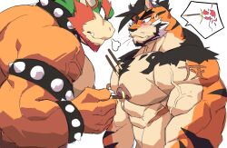 Rule 34 | 2boys, alternate facial hair, animal ears, ashael toramono (ashendawger), ashendawger, bandaid, bandaid on face, bandaid on nose, bara, beard, black hair, blush, bowser, bracelet, chest hair, chest tuft, couple, facial hair, fangs, fangs out, food between pectorals, forked eyebrows, frown, furry, furry male, furry with furry, highres, huge eyebrows, huge pectorals, jewelry, looking at another, loose hair strand, male focus, mario (series), mature male, mohawk, multiple boys, muscular, muscular male, nintendo, nipple piercing, nipple rings, nipples, nude, orange fur, original, piercing, pocky day, puff of air, red hair, spiked bracelet, spikes, spoken object, thick beard, tiger boy, tiger ears, tusks, two-tone beard, upper body, veins, veiny arms, white fur, yaoi