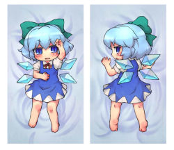 Rule 34 | 1girl, arm up, bare legs, barefoot, blue dress, blue eyes, blue hair, blush, bow, cirno, dakimakura (medium), dress, hair bow, looking at viewer, looking back, lying, multiple views, on back, on stomach, open mouth, puffy sleeves, sankuma, shirt, short hair, short sleeves, touhou, wings