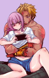 Rule 34 | 1boy, 1girl, beowulf (fate), fate/grand order, fate (series), florence nightingale (fate), mijinko (83nabe), pink hair, playing games, scar, shirt, shorts