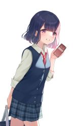 Rule 34 | 1girl, bag, blue skirt, blue vest, blush, brown eyes, brown hair, buttons, cellphone, collared shirt, commentary request, cowboy shot, dress shirt, grin, hand up, highres, holding, holding bag, holding phone, line (naver), looking at viewer, na-ga, necktie, original, phone, plaid, plaid skirt, pleated skirt, red necktie, school bag, school uniform, shirt, short hair, short sleeves, shoulder bag, simple background, skirt, sleeves rolled up, smartphone, smile, solo, standing, translation request, vest, white background, white shirt