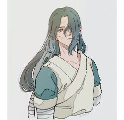 Rule 34 | 1boy, absurdres, black eyes, blood, blood on face, cropped torso, cuts, grey background, hair over one eye, highres, injury, otjmohu, short sleeves, simple background, solo, luo xiaohei zhanji, upper body, wuxian (the legend of luoxiaohei)