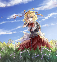 Rule 34 | 1girl, black shirt, blonde hair, blue eyes, blue sky, bow, cloud, collar, day, field, flower, hair ribbon, hand on own cheek, hand on own face, highres, lily of the valley, long skirt, medicine melancholy, open mouth, puffy short sleeves, puffy sleeves, red skirt, ribbon, ribbon-trimmed clothes, ribbon-trimmed skirt, ribbon-trimmed sleeves, ribbon trim, shirt, short hair, short sleeves, skirt, sky, smile, solo, standing, sunlight, teeth, touhou, wind, zhu xiang