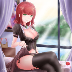 Rule 34 | 1girl, aged up, annie (league of legends), bad id, bad pixiv id, breasts, character name, cleavage, clothes lift, crossed legs, dated, female focus, flower, garter straps, green eyes, hairband, kinom (sculpturesky), large breasts, league of legends, looking at viewer, navel, panties, parted lips, red hair, rose, short hair, side-tie panties, sitting, skirt, skirt lift, solo, thighhighs, underwear, unworn hairband