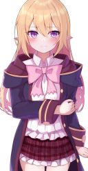 Rule 34 | 1girl, alternate hairstyle, blonde hair, blush, bow, bowtie, chloe (princess connect!), coat, cowboy shot, frilled skirt, frills, hair down, highres, holding own arm, long hair, long sleeves, looking at viewer, open clothes, open coat, pink bow, pointy ears, princess connect!, purple eyes, red skirt, sazamiso rx, simple background, skirt, solo, split mouth, white background