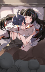 Rule 34 | 2girls, bare arms, bare shoulders, bed, black dress, black hair, blush, closed eyes, collared shirt, commentary request, commission, copyright request, dress, dress shirt, full body, hair between eyes, hair ornament, heart, heart hair ornament, highres, hug, lamb (hitsujiniku), long sleeves, lying, multicolored hair, multiple girls, on back, pajamas, parted lips, pillow, profile, red hair, shirt, skeb commission, skull hair ornament, sleeveless, sleeveless dress, sleeves past wrists, streaked hair, twintails, under covers, virtual youtuber, white pajamas, white shirt, x hair ornament