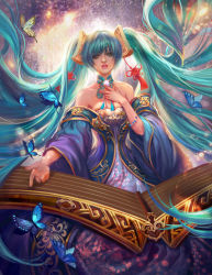 Rule 34 | 1girl, aqua hair, bare shoulders, breasts, bug, butterfly, choker, detached sleeves, dress, fan yang (jiuge), green eyes, hair ornament, insect, instrument, large breasts, league of legends, lips, lipstick, long hair, looking at viewer, makeup, nose, outstretched arm, sky, solo, sona (league of legends), strapless, strapless dress, twintails, very long hair, wide sleeves