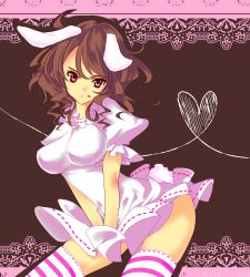 Rule 34 | 1girl, :p, alternate breast size, animal ears, bad id, bad pixiv id, breasts, brown hair, dress, female focus, heart, hip focus, impossible clothes, impossible shirt, inaba tewi, jinniku kakarichou, large breasts, miniskirt, aged up, pink dress, pink skirt, rabbit ears, rabbit girl, rabbit tail, red eyes, shirt, short hair, skirt, solo, tail, thighhighs, tongue, tongue out, touhou