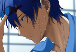 Rule 34 | 1boy, adjusting goggles, blue eyes, blue hair, blurry, blurry background, close-up, commentary, expressionless, from side, goggles, goggles on head, half-closed eyes, kaito (vocaloid), male focus, nokuhashi, profile, towel, towel around neck, vocaloid, water, water drop, wet face
