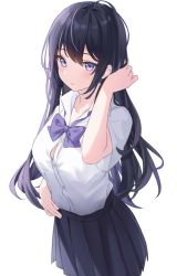 Rule 34 | 1girl, black hair, black skirt, blush, bow, closed mouth, collarbone, collared shirt, commentary, dress shirt, english commentary, hair between eyes, hand up, highres, hitsukuya, long hair, looking at viewer, original, pleated skirt, purple bow, purple eyes, school uniform, shirt, short sleeves, simple background, skirt, solo, very long hair, white background, white shirt