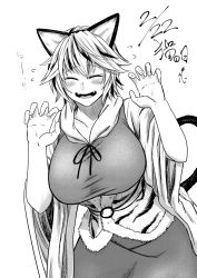 Rule 34 | 1girl, animal ears, animal print, blush, breasts, cat day, cat ears, cat girl, cat tail, claw pose, closed mouth, collarbone, commentary request, corset, dress, facing viewer, fangs, flying sweatdrops, greyscale, hands up, huge breasts, kemonomimi mode, koyubi (littlefinger1988), monochrome, multicolored hair, open mouth, short hair, smile, solo, streaked hair, tail, taut clothes, taut dress, tiger print, toramaru shou, touhou, wide sleeves