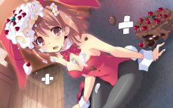 Rule 34 | 1girl, animal ears, between breasts, bow, breasts, brown hair, cake, cleavage, detached collar, dutch angle, fake animal ears, flyable heart, food, food on head, fork, game cg, highres, inaba yui, ito noizi, messy, object on head, open mouth, pantyhose, playboy bunny, rabbit ears, red eyes, rug, short hair, sitting, solo, tearing up, unlikely accident, wrist cuffs, yokozuwari