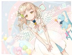 Rule 34 | 1girl, absurdres, angel, angel wings, arm garter, armband, blonde hair, blush, bookshelf, bow, brooch, candy, detached sleeves, dress, flower, food, frills, hacosumi, hair flower, hair ornament, hat, high collar, highres, indoors, jar, jewelry, konpeitou, layered dress, lily of the valley, looking at viewer, medium hair, mini hat, nail polish, original, own hands together, ribbon, short bangs, short sleeves, sleeveless, sleeveless dress, smile, solo, stuffed animal, stuffed toy, teddy bear, top hat, v arms, wings, yellow eyes