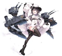 Rule 34 | 1girl, :d, arm up, azur lane, belt, black footwear, black gloves, black hair, black thighhighs, boots, breasts, buttons, byulzzi, coat, coat dress, double-breasted, frozen, full body, fur trim, gloves, hat, high heel boots, high heels, highres, large breasts, leg up, long hair, looking at viewer, machinery, military, military hat, military uniform, off shoulder, official art, one side up, open clothes, open coat, open mouth, pamiat merkuria (azur lane), peaked cap, pink eyes, skindentation, smile, solo, standing, standing on one leg, thigh strap, thighhighs, transparent background, turret, uniform, white coat, white hat, wide sleeves, winter clothes
