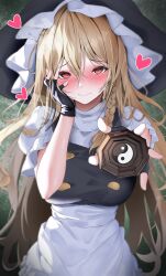 Rule 34 | 1girl, 258n, absurdres, apron, black gloves, black hat, black vest, blonde hair, blush, braid, breasts, closed mouth, commission, fingerless gloves, gloves, hair between eyes, hat, heart, highres, holding, kirisame marisa, large breasts, long hair, looking at viewer, mini-hakkero, pixiv commission, red eyes, shirt, short sleeves, single braid, solo, touhou, vest, waist apron, white apron, white shirt, witch hat, yandere