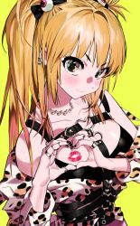 Rule 34 | 1girl, 2pineapplepizza, amane misa, animal print, blonde hair, blush, bow, breasts, cheetah print, death note, earrings, eyeball, hair bow, heart, heart hands, highres, jewelry, korean commentary, large breasts, lipstick mark, long hair, looking at viewer, multiple rings, necklace, o-ring, ring, simple background, smile, solo, two side up, upper body, yellow background