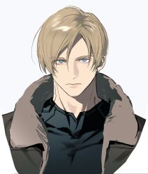 Rule 34 | 1boy, black shirt, closed mouth, grey background, grey eyes, hair between eyes, highres, jacket, leon s. kennedy, light brown hair, looking at viewer, male focus, noren (noren1512), open clothes, open jacket, profile, resident evil, resident evil 4, shirt, simple background, solo