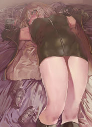 Rule 34 | 1girl, absurdres, ahoge, armpits, bed sheet, black dress, black jacket, blush, breasts, can, dress, eyelashes, fate/grand order, fate (series), fur-trimmed jacket, fur-trimmed sleeves, fur collar, fur trim, furrowed brow, green eyes, highres, jacket, jeanne d&#039;arc (fate), jeanne d&#039;arc alter (fate), jeanne d&#039;arc alter (ver. shinjuku 1999) (fate), large breasts, long sleeves, lying, masaki (ekakiningen), nose blush, official alternate costume, on back, open clothes, open jacket, short dress, short hair, solo, sparkle, tears, thighs, white hair, wicked dragon witch ver. shinjuku 1999