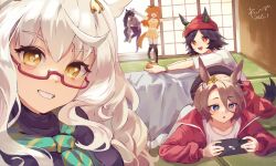 5girls :d animal_ears bandaid bandaid_on_cheek bandaid_on_face bandaid_on_nose beanie beret biwa_hayahide_(umamusume) black_hair black_hat black_thighhighs blue_eyes bnw_(umamusume) brown_hair casual cellphone ears_through_headwear food fruit fwing55 grey_hair hair_between_eyes hat highres holding holding_food holding_fruit holding_phone horse_ears horse_girl horse_tail jacket kotatsu long_hair long_sleeves mandarin_orange mayano_top_gun_(umamusume) multiple_girls narita_brian_(umamusume) narita_taishin_(umamusume) open_mouth orange_eyes orange_hair outstretched_arms pants phone ponytail purple_pants red-framed_eyewear red_eyes red_hat red_jacket semi-rimless_eyewear shirt short_hair siblings signature sisters smartphone smile sweater swept_bangs table tail tatami thighhighs two_side_up umamusume under-rim_eyewear white_shirt white_sweater winning_ticket_(umamusume) yellow_eyes