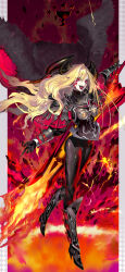 Rule 34 | 1girl, absurdres, armor, armored bodysuit, armored boots, black armor, black footwear, black gloves, blonde hair, bodysuit, boots, breastplate, cape, capelet, commentary request, dragon girl, dragon horns, facial tattoo, fate/grand order, fate (series), fire, flaming sword, flaming weapon, floating hair, fur-trimmed cape, fur trim, gauntlets, gloves, highres, hiro (user negm3832), holding, holding sword, holding weapon, horns, long hair, long sleeves, looking at viewer, nero claudius (fate), nero claudius (fate) (all), open mouth, pauldrons, queen draco (fate), queen draco (third ascension) (fate), red capelet, red eyes, shoulder armor, solo, swept bangs, sword, tattoo, teeth, tongue, very long hair, weapon