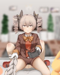 Rule 34 | absurdres, blurry, blurry background, bow, bowtie, braid, breasts, bronya zaychik, bronya zaychik (wolf&#039;s dawn), brown jacket, collared shirt, commentary request, controller, drill hair, expressionless, gloves, grey eyes, grey hair, hair between eyes, hair ornament, highres, holding, holding another&#039;s hair, holding controller, homu (honkai impact), honkai (series), honkai impact 3rd, jacket, kiana kaslana, long hair, long sleeves, looking at viewer, multiple girls, navel, parted lips, shi jie, shirt, sidelocks, sitting, sitting on person, twin drills, white gloves