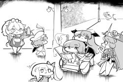 6+girls :o apron azibuda bat_wings black_wings blunt_bangs book braid braided_sidelock breasts broom chibi china_dress chinese_clothes cup d: dress embodiment_of_scarlet_devil flandre_scarlet floating floating_book floating_object full_body greyscale hat hat_ornament hat_ribbon head_wings hong_meiling izayoi_sakuya kirisame_marisa koakuma light_smile long_hair maid maid_headdress monochrome multiple_girls no_headwear no_mouth no_nose o_o open_book open_mouth patchouli_knowledge pushing reading remilia_scarlet ribbon short_hair side_ponytail sitting skirt skirt_set standing stick_figure surprised teacup teapot touhou tray trembling twin_braids very_long_hair waist_apron walking wheelchair wide_face wings witch_hat