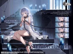 Rule 34 | 1girl, areola slip, avrora (azur lane), avrora (shackled saule) (azur lane), azur lane, bare shoulders, barefoot, bdsm, blue eyes, blush, bondage, bound, braid, breasts, bruise, candle, chain, character name, collar, commentary, cuffs, dress, dungeon, english commentary, english text, expression chart, expressions, feet, full body, injury, kaede (yumesaki kaede), large breasts, leash, logo, long hair, looking at viewer, official alternate costume, official art, own hands together, shackles, silk, sitting, slave, solo, spider web, stairs, torn clothes, torn dress, twin braids, very long hair, watermark, white dress