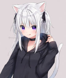 Rule 34 | 1girl, :q, animal ear fluff, animal ears, anz32, black choker, black hoodie, black ribbon, cat ears, cat girl, cat tail, choker, closed mouth, collarbone, commentary request, drawstring, grey background, hair between eyes, hair ribbon, hand up, hood, hood down, hoodie, long hair, looking at viewer, original, purple eyes, ribbon, silver hair, simple background, smile, solo, tail, tail raised, tongue, tongue out, twitter username, two side up, upper body