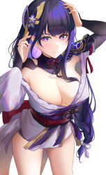 Rule 34 | 1girl, arm up, breasts, bridal gauntlets, cleavage, closed mouth, commentary, cowboy shot, eyelashes, flower, genshin impact, hair flower, hair ornament, hair ribbon, hand on own head, hand up, highres, japanese clothes, kimono, large breasts, long hair, long sleeves, looking at viewer, mole, mole under eye, no bra, obi, purple eyes, raiden shogun, re0n, red ribbon, ribbon, sash, simple background, solo, standing, thighs, very long hair, white background