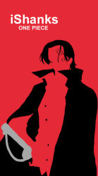 Rule 34 | 1boy, apple inc., cape, character name, digital media player, ipod ad, limited palette, male focus, one piece, parody, red background, scar, shanks (one piece), silhouette, simple background, sword, weapon