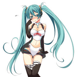 Rule 34 | 1girl, aqua eyes, aqua hair, asakura ryou (artist), bare shoulders, black thighhighs, blush, boots, breasts, cleavage, elbow gloves, gloves, goodsmile company, hair ribbon, hard-translated, hatsune miku, headphones, long hair, looking at viewer, navel, ribbon, simple background, solo, tears, thigh boots, thigh gap, thighhighs, thighs, third-party edit, translated, twintails, very long hair, vocaloid, wavy mouth