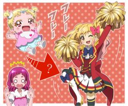 Rule 34 | 10s, 3girls, :d, ;d, ^^^, aikatsu! (series), aikatsu stars!, baby, blonde hair, blush, boots, bow, cheerleader, commentary request, crossover, dress, epaulettes, hair bow, hair ornament, hands up, heart-shaped mouth, high heel boots, high heels, hug-tan (precure), hugtto! precure, jacket, knee boots, long hair, long sleeves, look-alike, looking at viewer, multicolored hair, multiple girls, nijino yume, nono hana, o o, one eye closed, onomekaman, open mouth, pink eyes, pink hair, polka dot, polka dot background, pom pom (cheerleading), precure, puffy short sleeves, puffy sleeves, round teeth, school uniform, short sleeves, short twintails, skirt, smile, surprised, teeth, thighhighs, thighs, twintails, two-tone background, x hair ornament