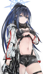 Rule 34 | 1girl, absurdres, arknights, black scarf, black shorts, blue archive, blue eyes, blue hair, bow (weapon), breasts, cleavage, commentary request, cosplay, cowboy shot, crop top, crossbow, highres, holding, holding crossbow, holding weapon, jacket, kisumun, large breasts, long hair, long sleeves, looking at viewer, midriff, navel, open clothes, open jacket, ponytail, saori (blue archive), scarf, schwarz (arknights), schwarz (arknights) (cosplay), short shorts, shorts, simple background, solo, standing, stomach, thigh strap, thighs, very long hair, weapon, white background, white jacket