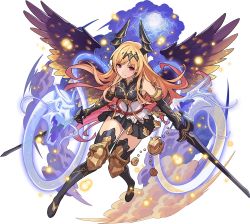 Rule 34 | 1girl, armor, artist request, bare shoulders, belt, black footwear, black gloves, black hairband, black shirt, black skirt, black thighhighs, blonde hair, blush, boots, breasts, closed mouth, cloud, dark angel olivia, dragon, dual wielding, elbow gloves, feathered wings, female focus, flying, full body, full moon, gloves, gradient hair, granblue fantasy, hairband, highres, holding, holding sword, holding weapon, horns, knee pads, knees together feet apart, light blush, light particles, long hair, looking to the side, medium breasts, miniskirt, moon, multicolored hair, night, non-web source, official art, orange hair, pleated skirt, purple wings, red eyes, shingeki no bahamut, shirt, sidelocks, skirt, sleeveless, sleeveless shirt, solo, sword, thigh boots, thighhighs, transparent, transparent background, two-tone hair, v-shaped eyebrows, very long hair, weapon, wings, world flipper, zettai ryouiki